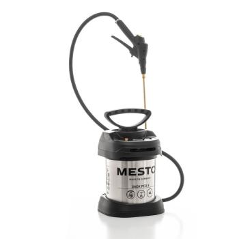 Komplettansicht des MESTO INOX PCO 4 Hochdrucksprühgeräts 3593PC mit Edelstahlbehälter, schwarzem Schutzrahmen, Schlauch und ergonomischer Spritzpistole.